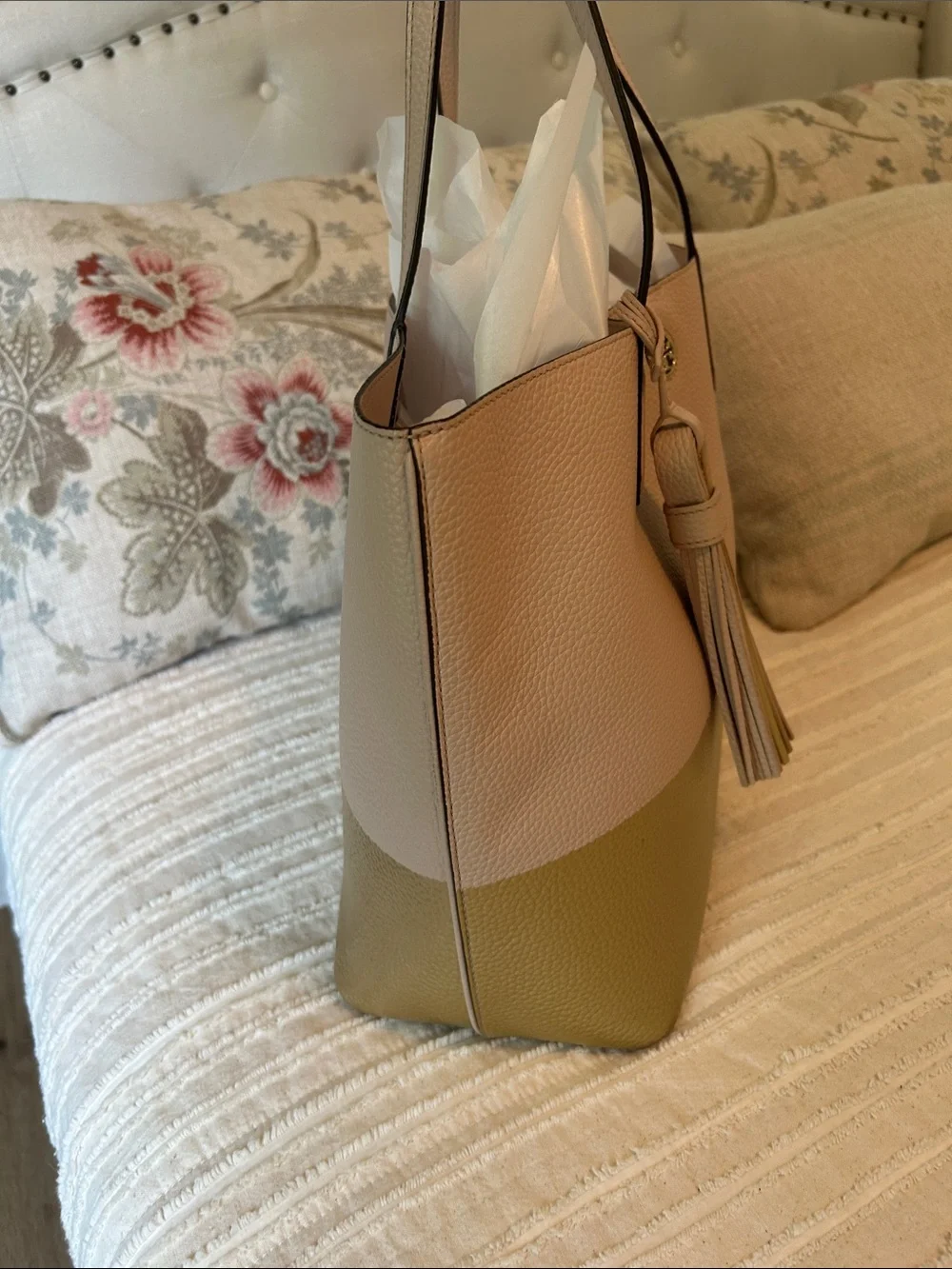 Tory Burch Perry Colorblock Pebbled Leather Tote Blush Pink And Gold EUC